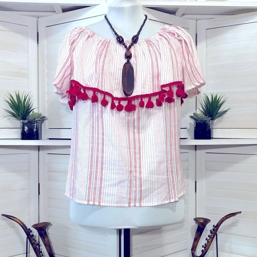 Red white striped off-shoulder top boho Y2K 90s festival fairy coquette M L